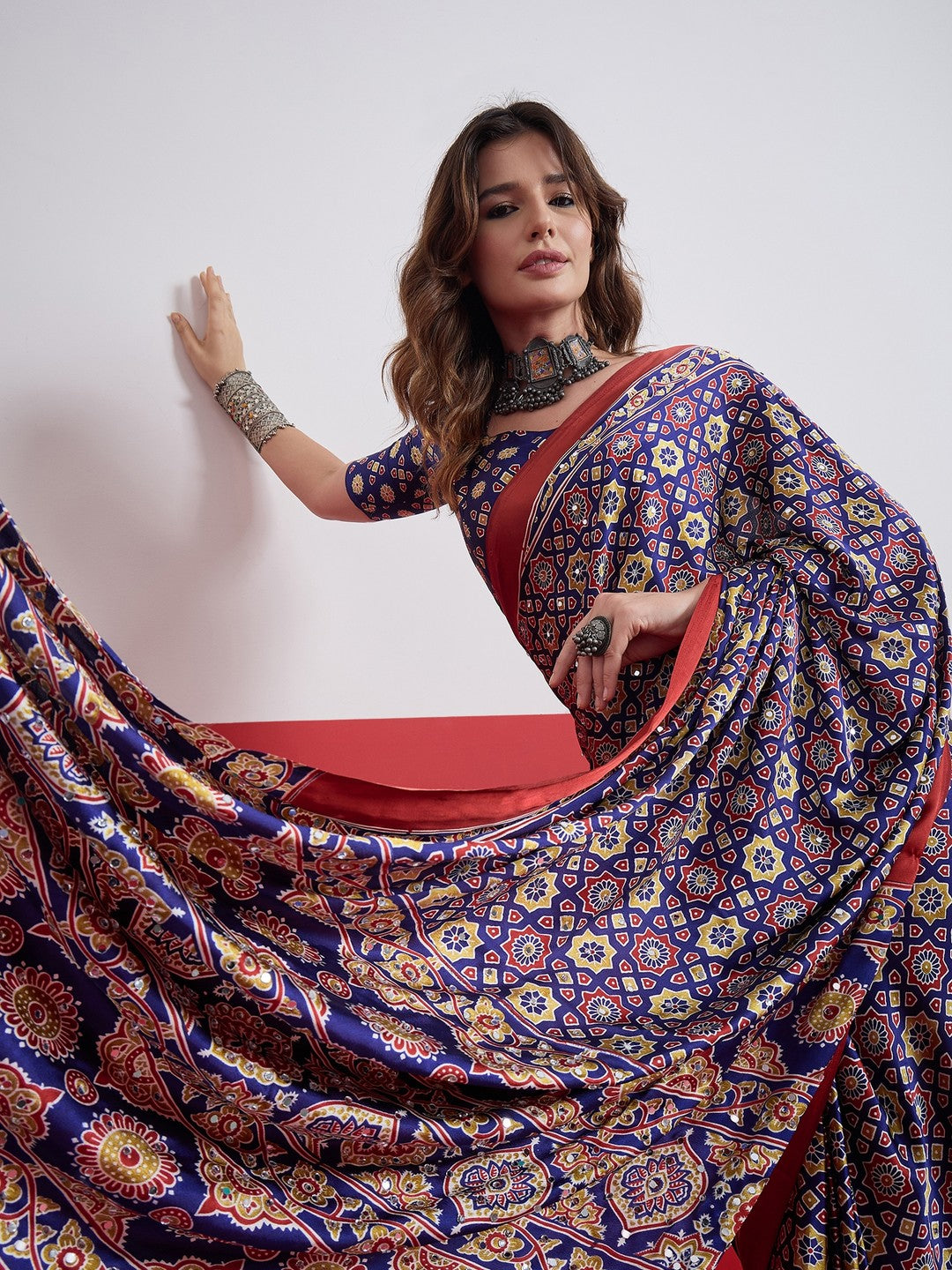 Peachmode Blue Semi Modal Saree with Mirror Work - Image 6