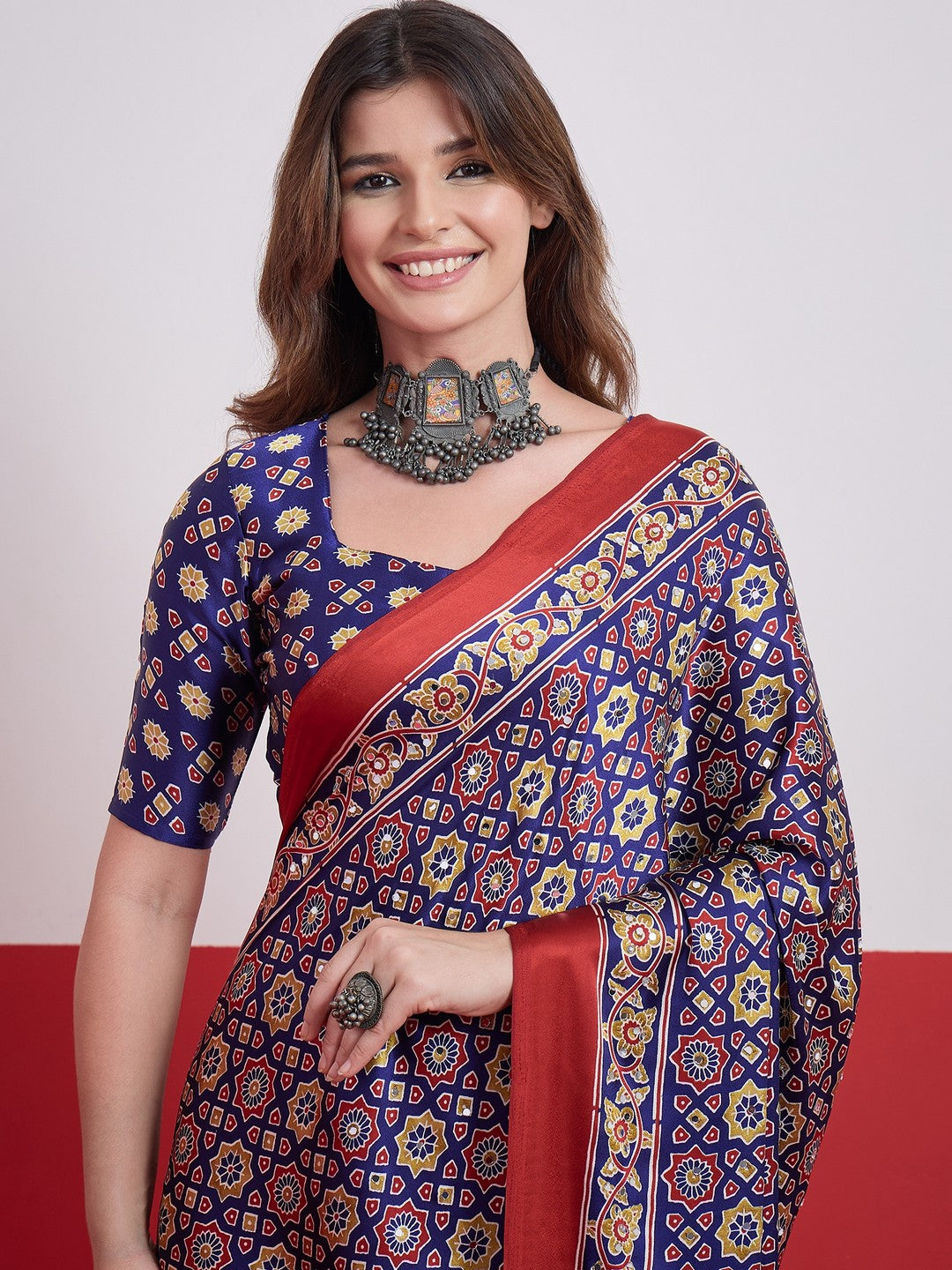 Peachmode Blue Semi Modal Saree with Mirror Work - Image 8