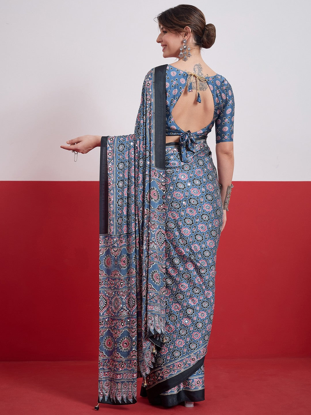 Peachmode Sky Blue Semi Modal Saree with Mirror Work - Image 3