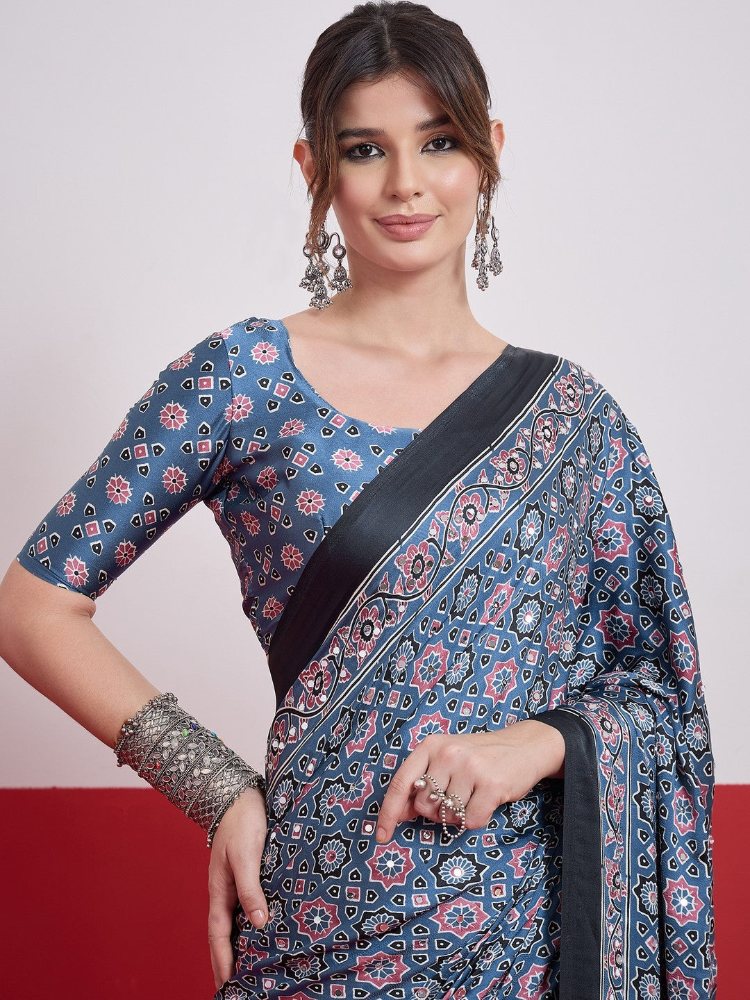 Peachmode Sky Blue Semi Modal Saree with Mirror Work - Image 4