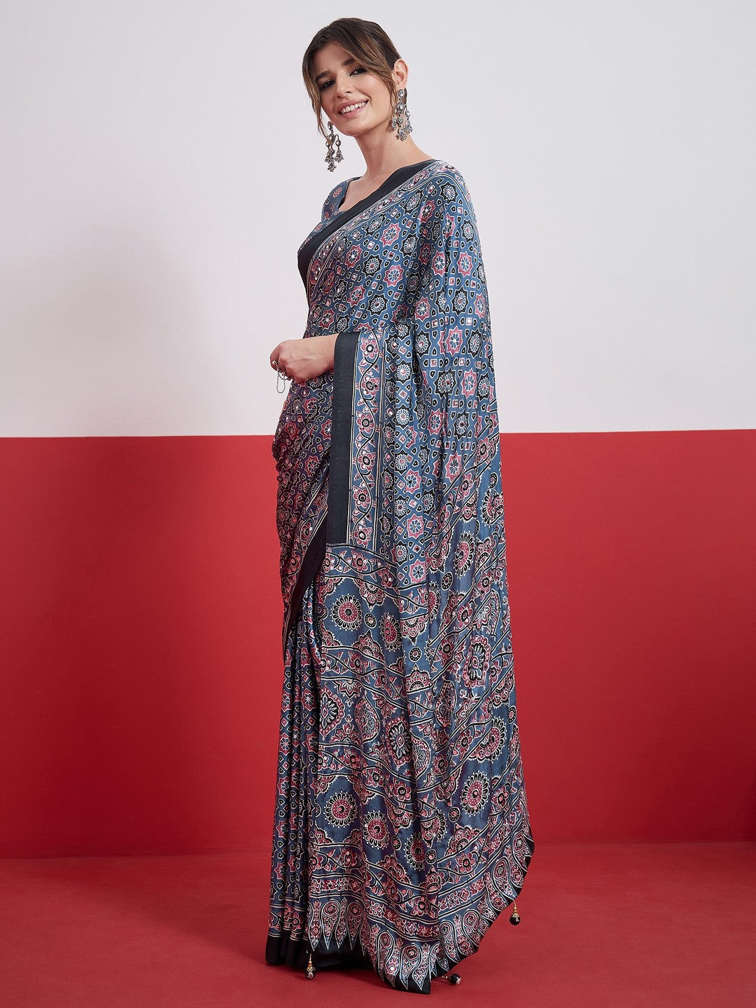 Peachmode Sky Blue Semi Modal Saree with Mirror Work - Image 5