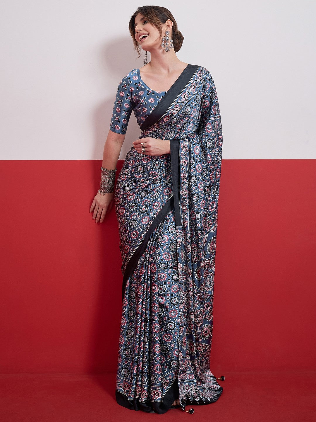 Peachmode Sky Blue Semi Modal Saree with Mirror Work - Image 6