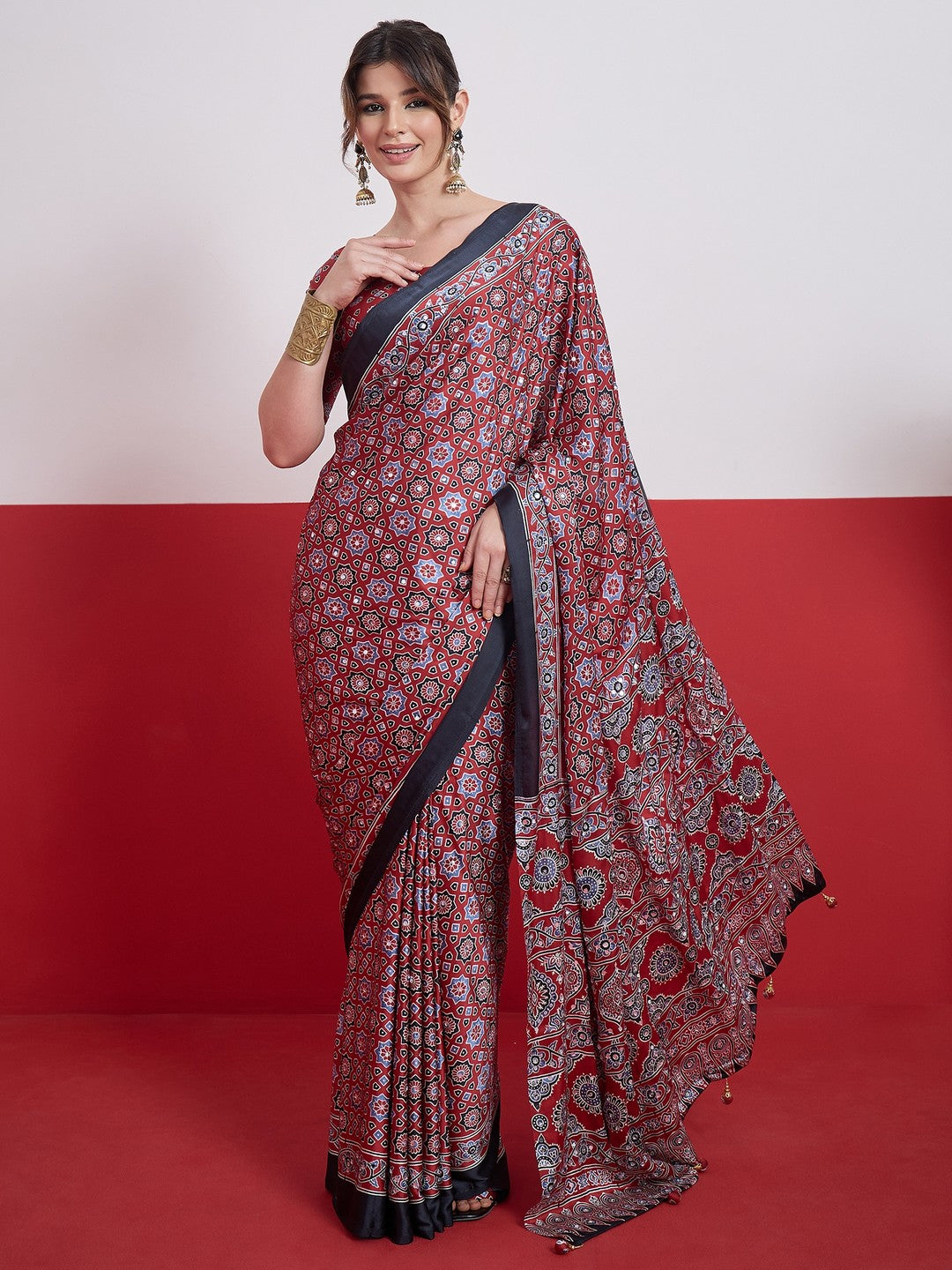 Peachmode Red Semi Modal Saree with Mirror Work - Image 1
