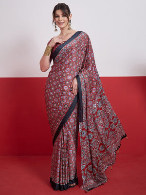 Peachmode Red Semi Modal Saree with Mirror Work - Image 1