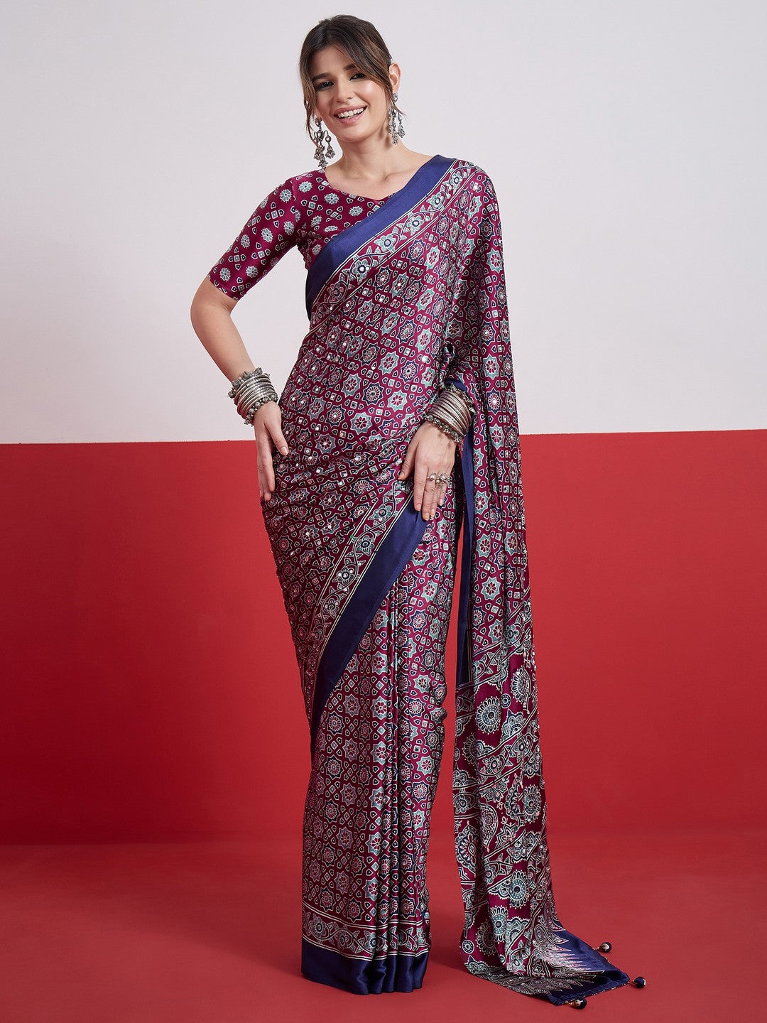 Peachmode Wine Semi Modal Saree with Mirror Work - Image 1