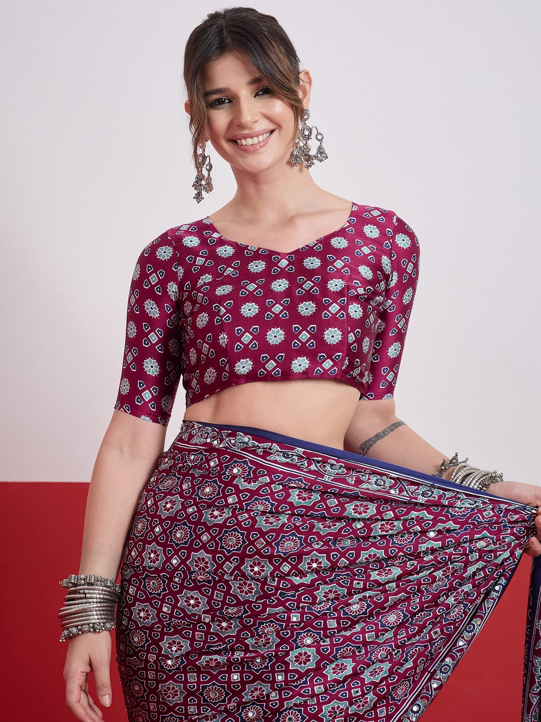 Peachmode Wine Semi Modal Saree with Mirror Work - Image 2