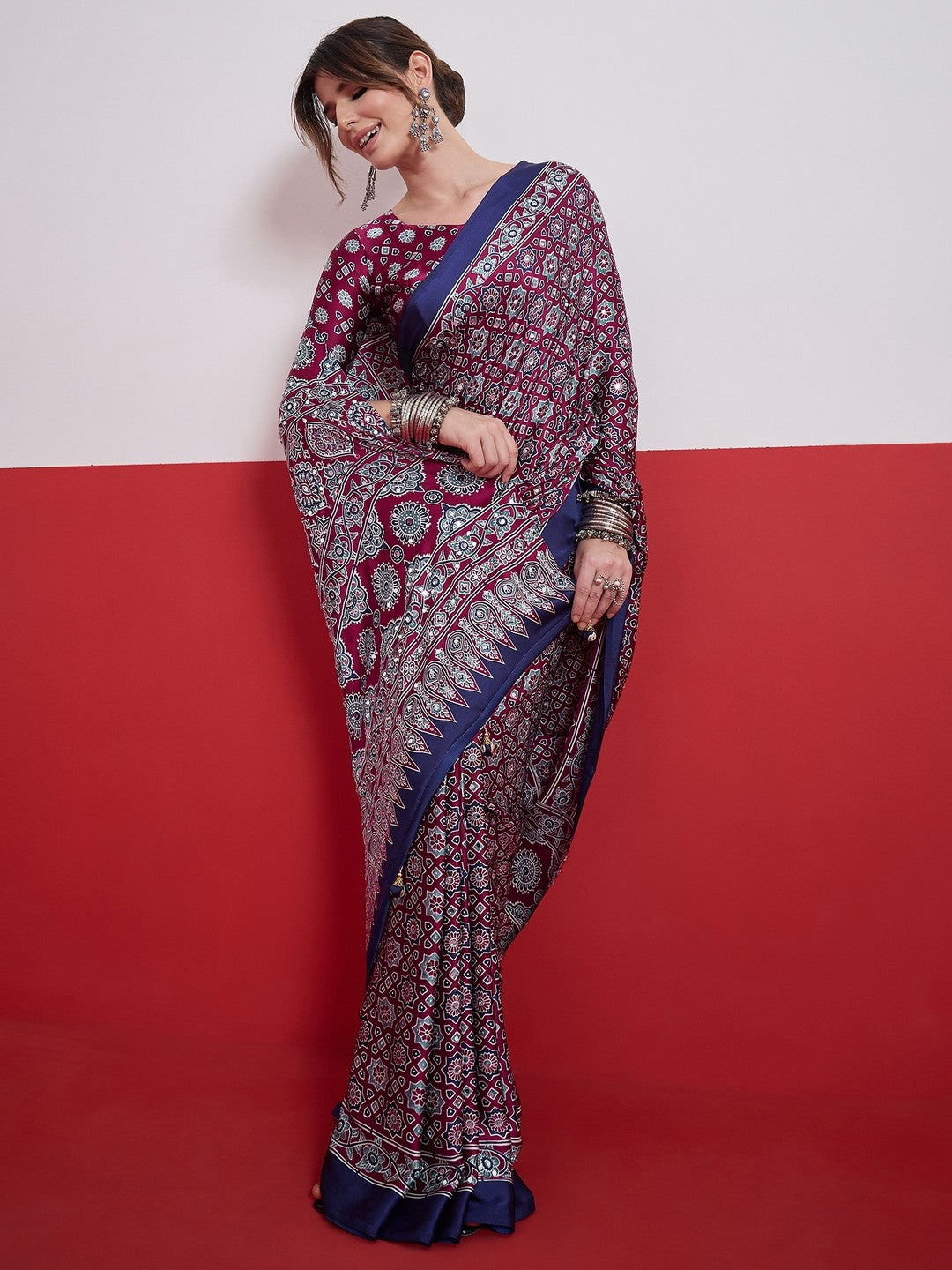 Peachmode Wine Semi Modal Saree with Mirror Work - Image 5