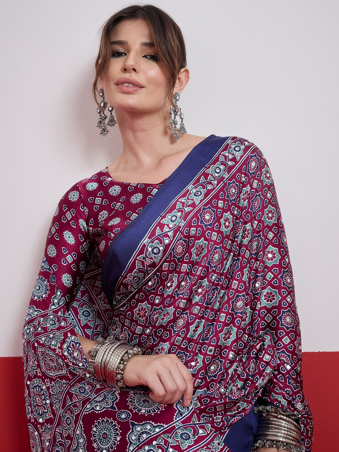 Peachmode Wine Semi Modal Saree with Mirror Work - Image 6