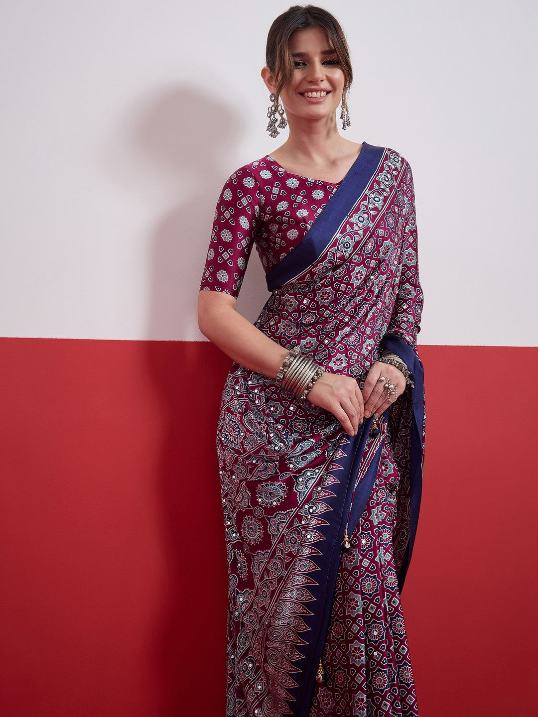Peachmode Wine Semi Modal Saree with Mirror Work - Image 7