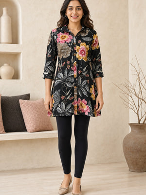 Black Rayon Floral Printed Top - Image 2