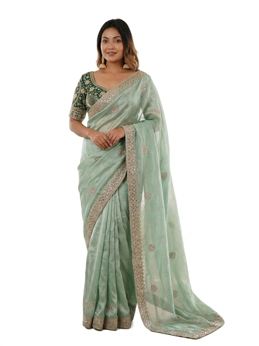 Peachmode Sea Green Fandy Satin C-Pallu Embroidered Saree with Sequence Cut Work Border - Image 9