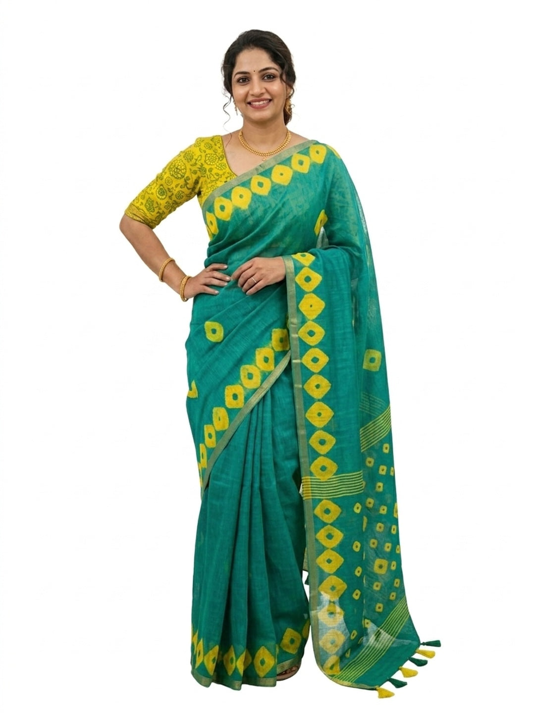 Peachmode Teal Linen Cotton Saree with Yellow Printed Pallu - Image 5