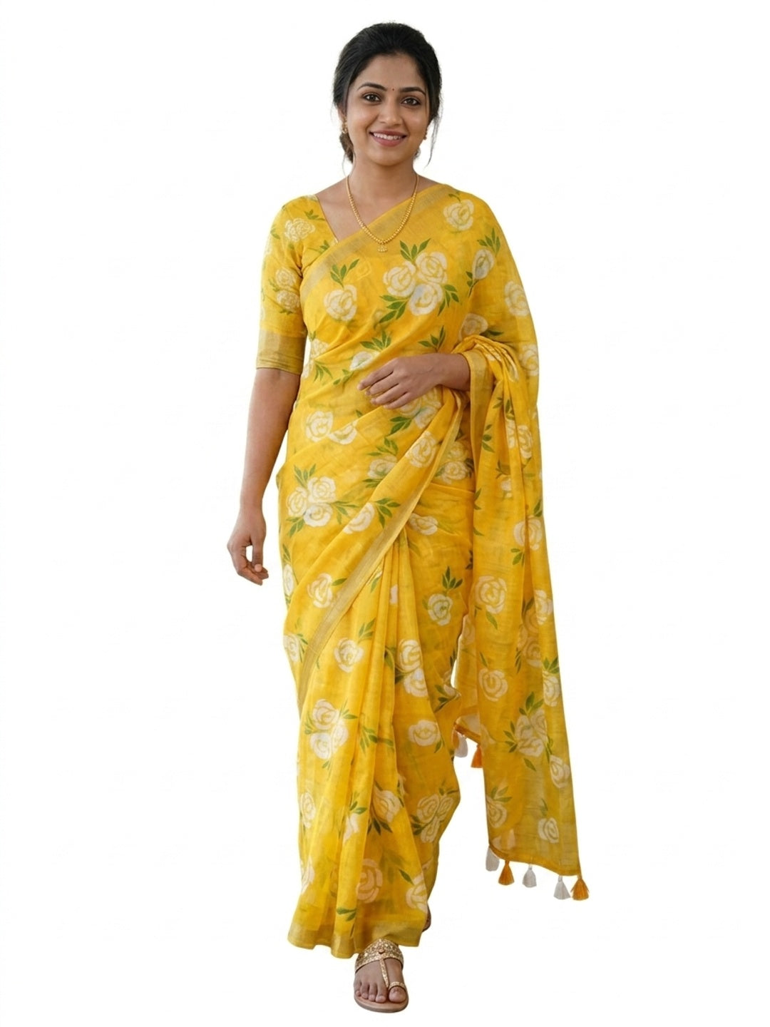 Peachmode Yellow Linen Cotton Saree with Floral Print - Image 7