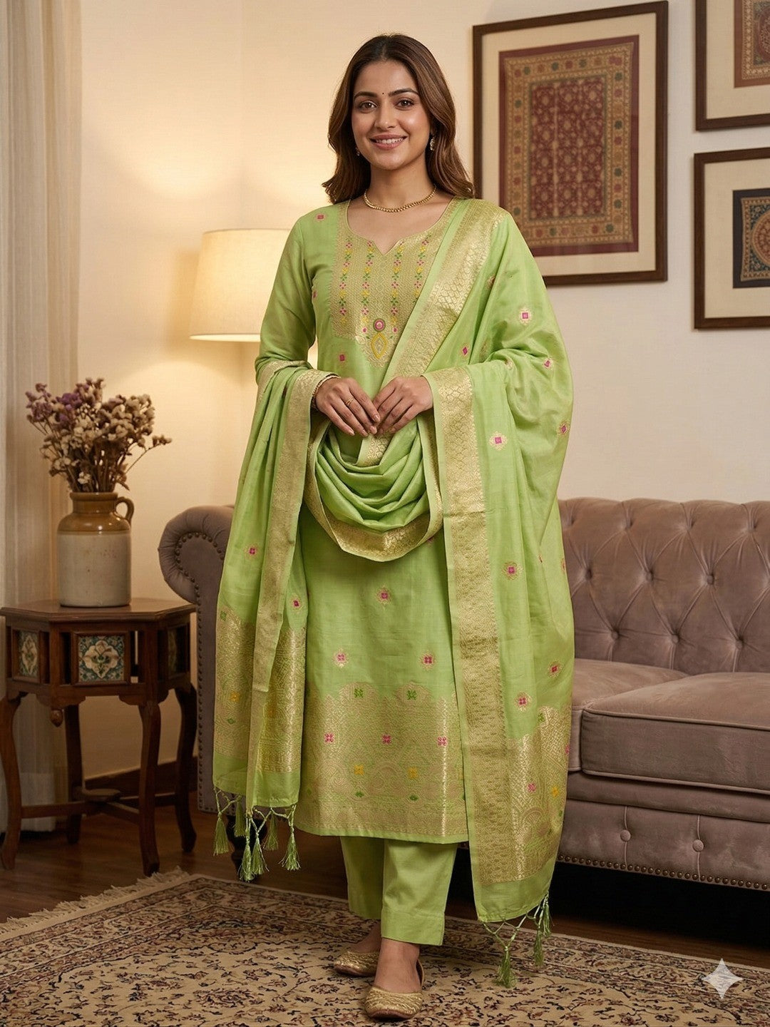 Light Green Floral Woven Chanderi Dress Material - Image 1
