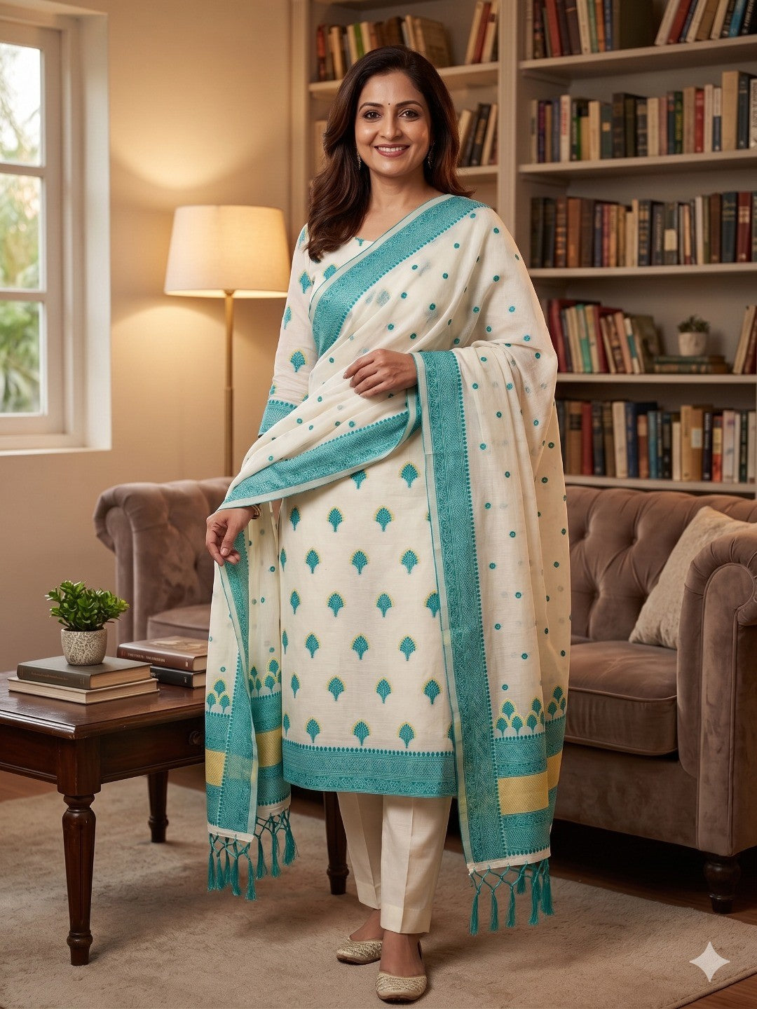 Offwhite & Teal Floral Woven Chanderi Dress Material - Image 1
