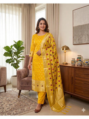 Yellow Floral Woven Banarasi Silk Dress Material - Image 1