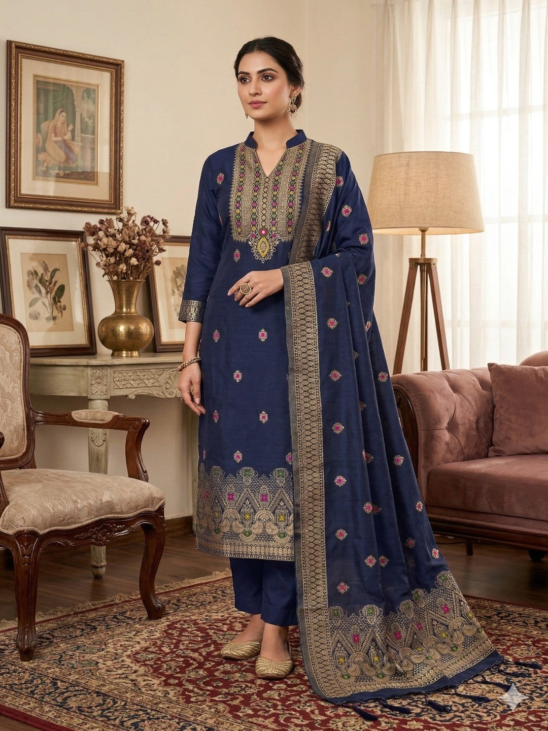 Navy Blue Floral Woven Chanderi Dress Material - Image 1