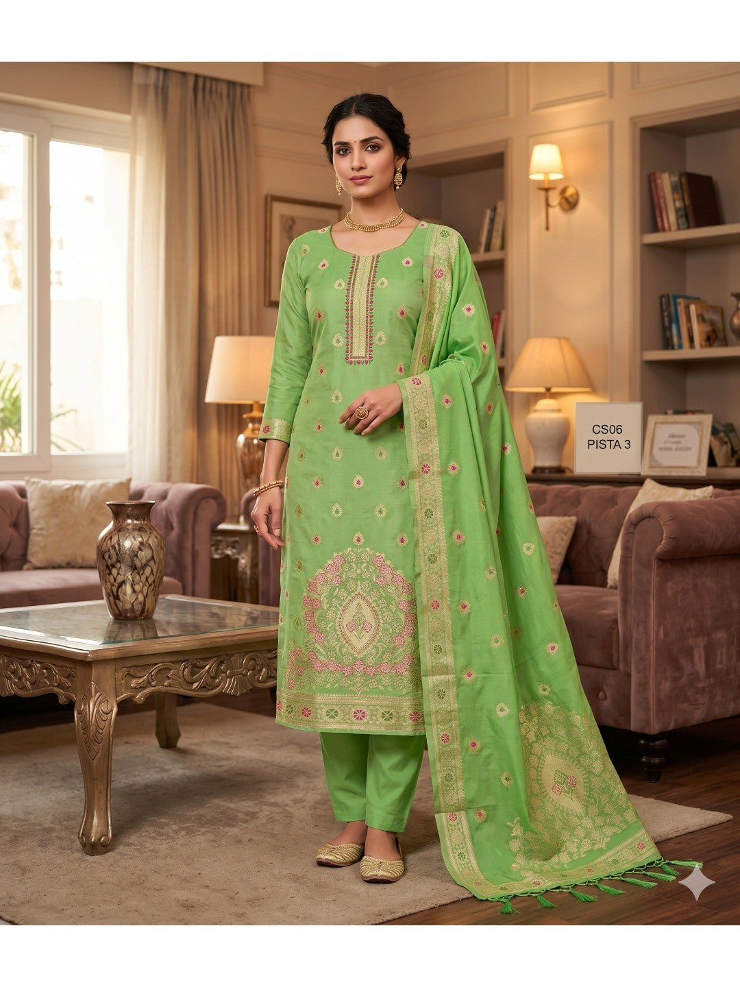 Light Green Floral Woven Chanderi Dress Material - Image 1