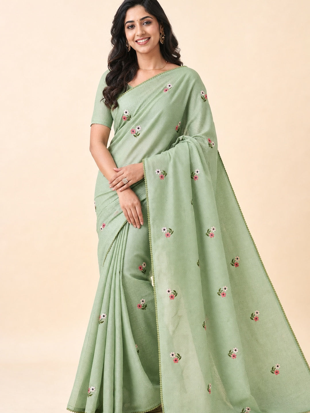 Peachmode Green Kota Check Saree with Floral Embroidery - Image 1