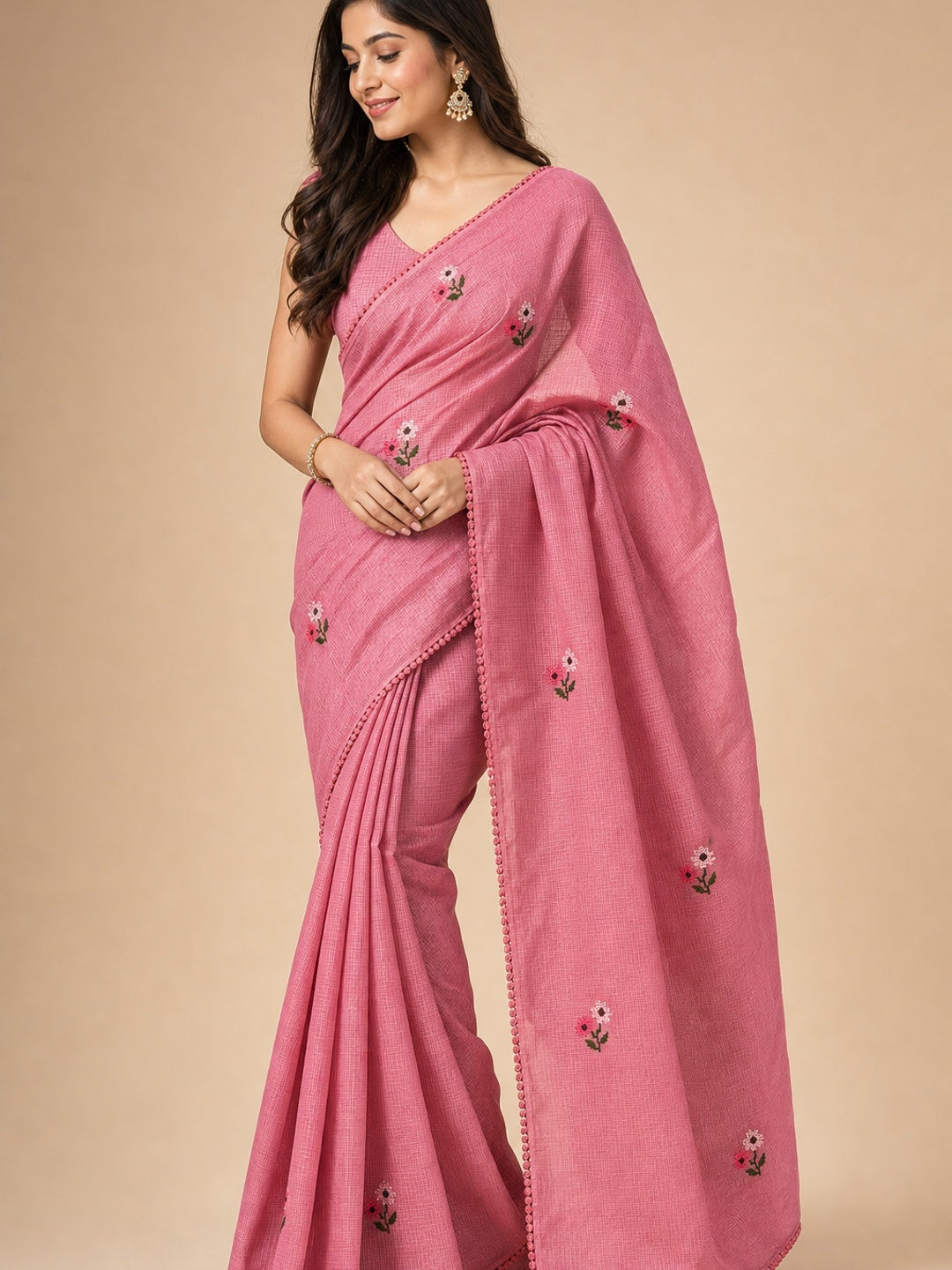 Peachmode Pink Kota Check Saree with Floral Embroidery - Image 1