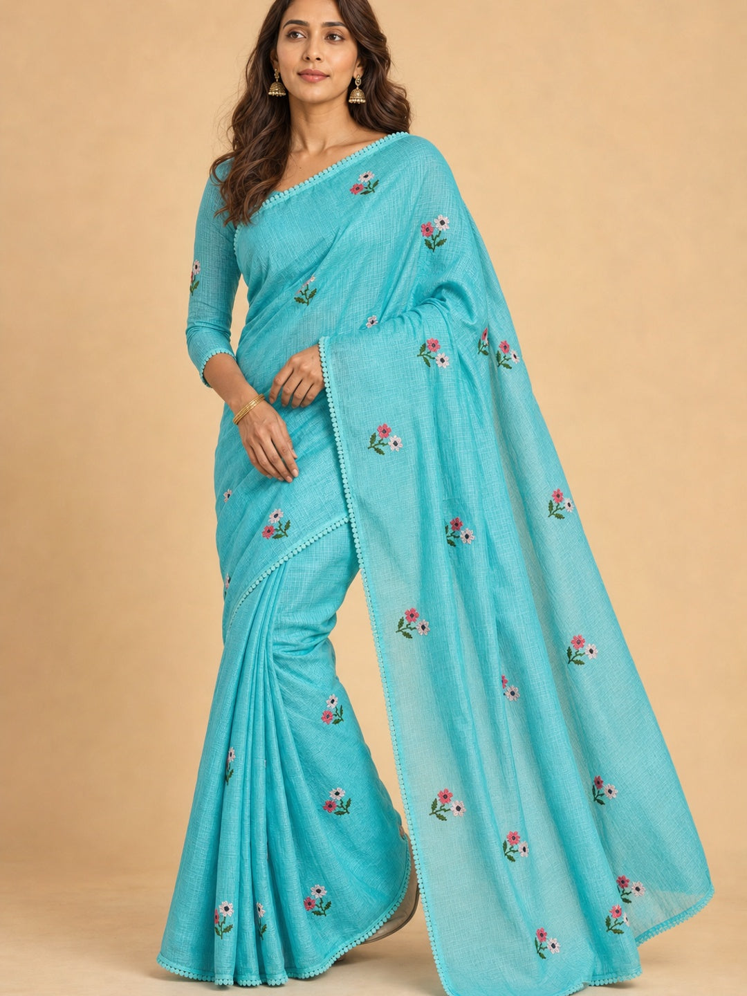 Peachmode Turquoise Kota Check Saree with Floral Embroidery - Image 1