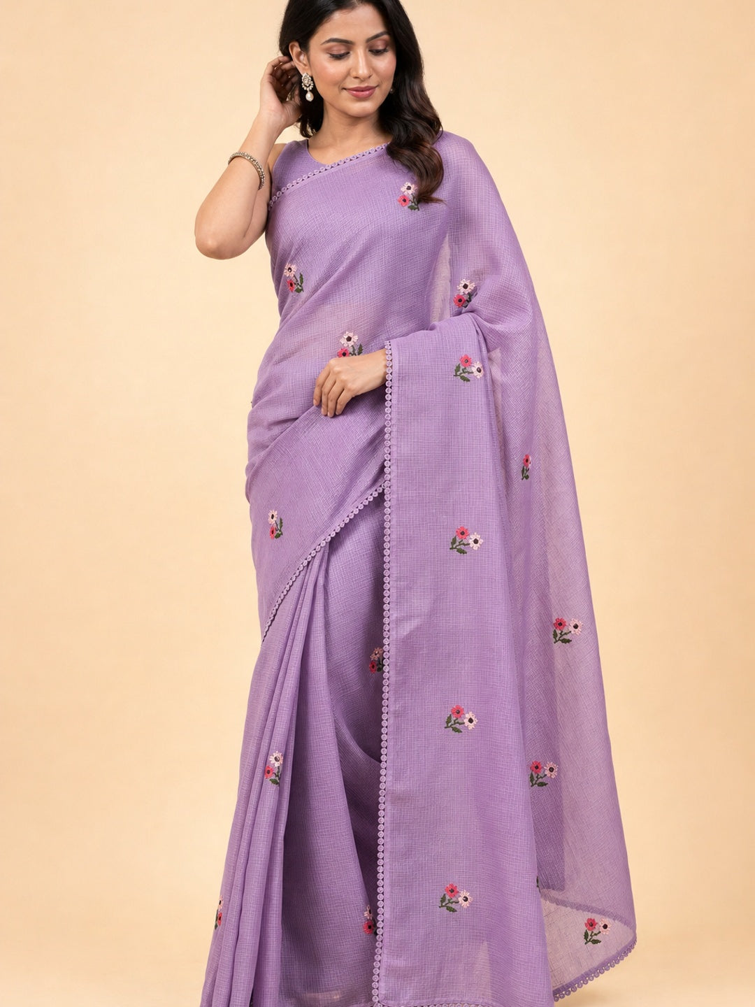 Peachmode Purple Kota Check Saree with Floral Embroidery - Image 1