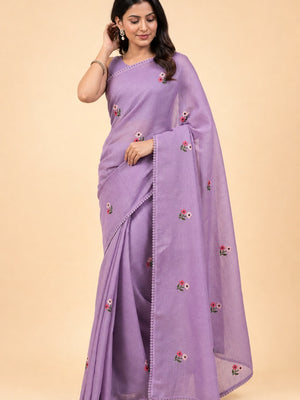 Peachmode Purple Kota Check Saree with Floral Embroidery - Image 1