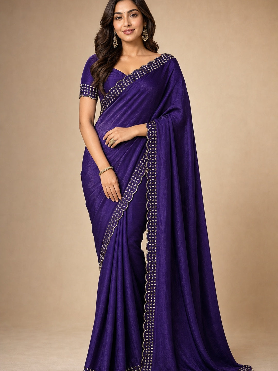 Peachmode Purple Fandy Satin Saree with Scalloped Cutwork Border - Image 1