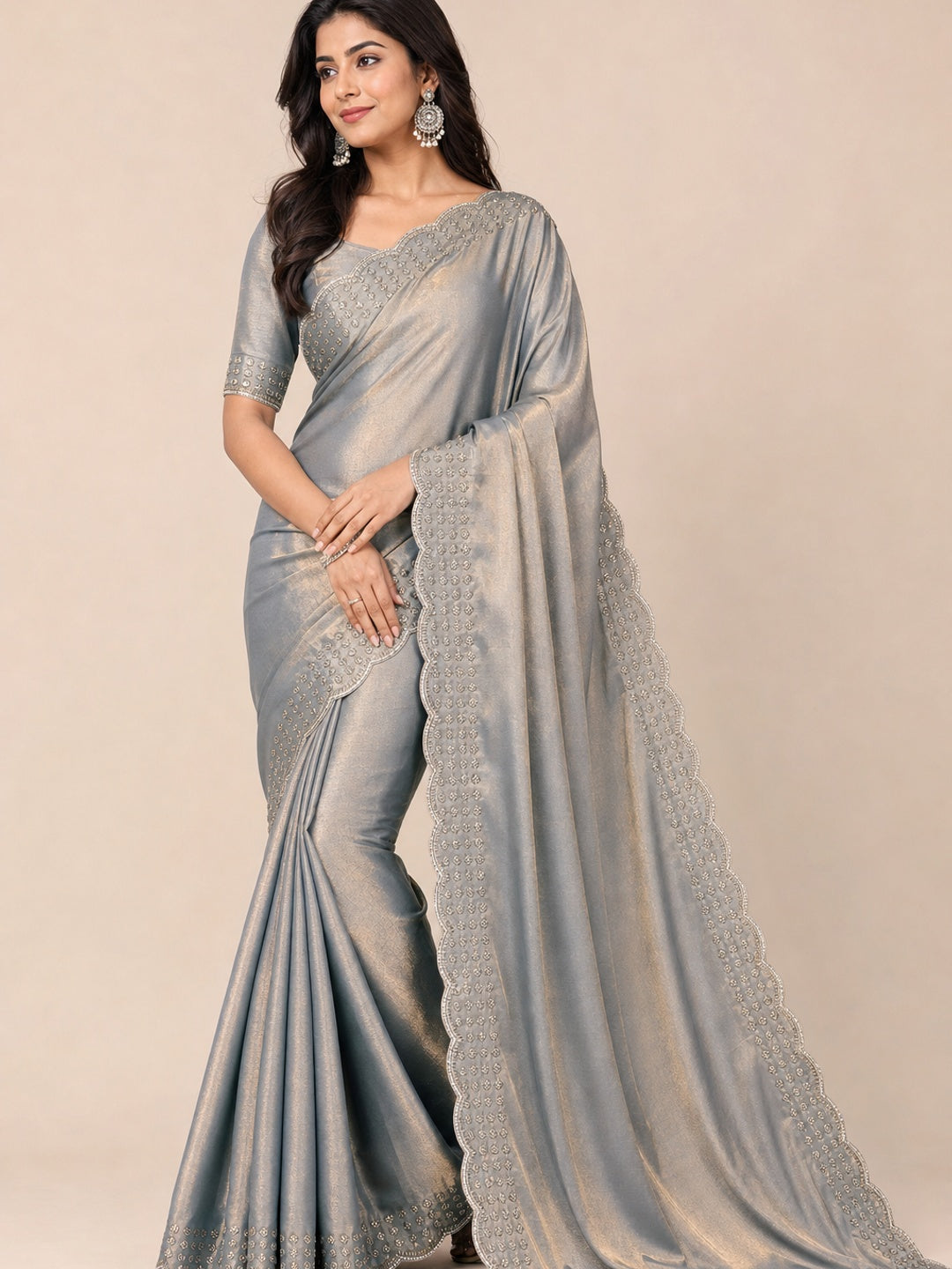 Peachmode Grey Fandy Satin Saree with Scalloped Cutwork Border - Image 1