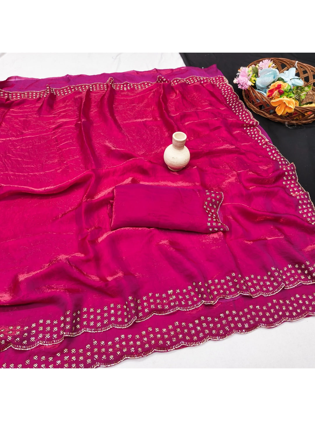 Peachmode Magenta Fandy Satin Saree with Scalloped Cutwork Border - Image 2