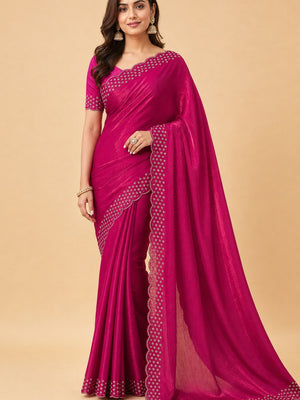 Peachmode Magenta Fandy Satin Saree with Scalloped Cutwork Border - Image 1