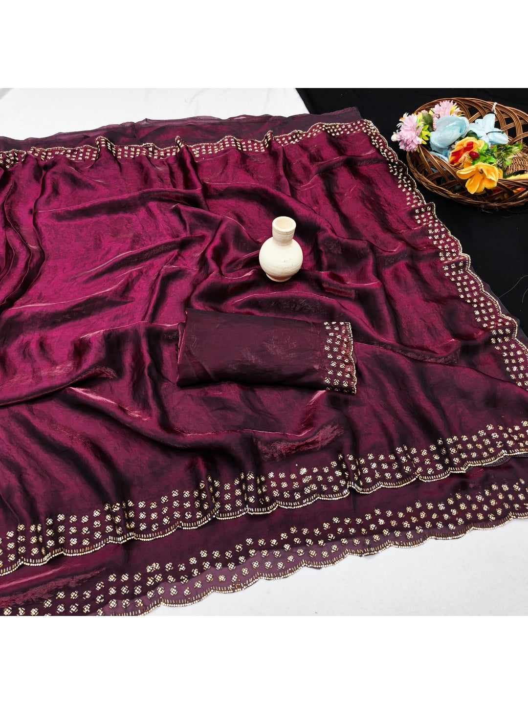 Peachmode Wine Fandy Satin Saree with Scalloped Cutwork Border - Image 2