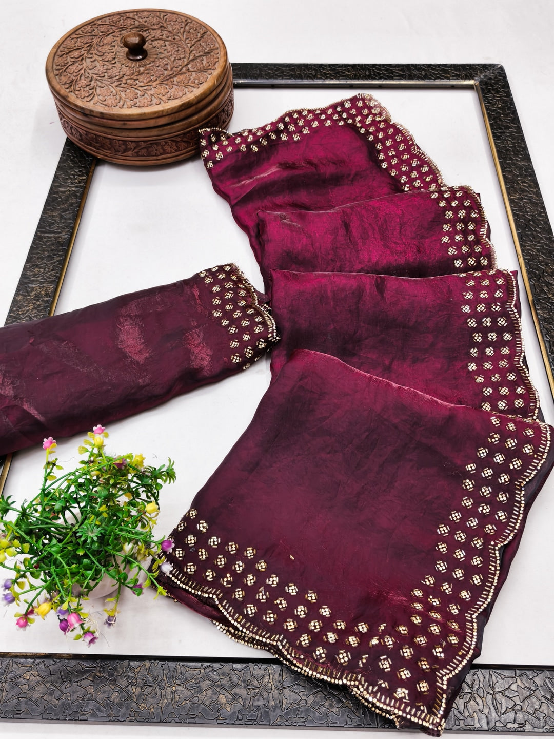 Peachmode Wine Fandy Satin Saree with Scalloped Cutwork Border - Image 3