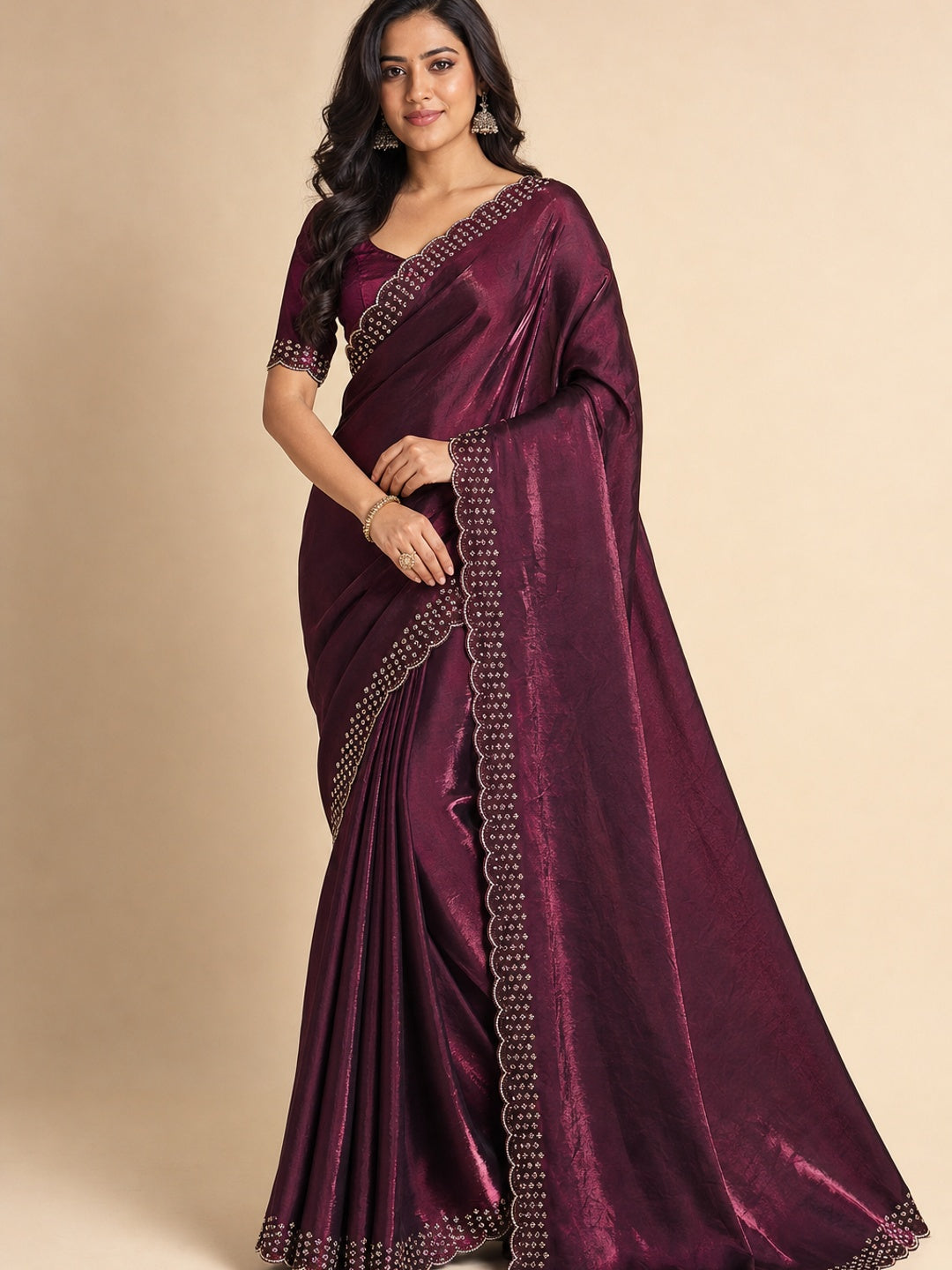 Peachmode Wine Fandy Satin Saree with Scalloped Cutwork Border - Image 1