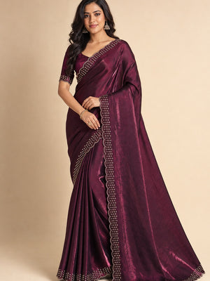 Peachmode Wine Fandy Satin Saree with Scalloped Cutwork Border - Image 1