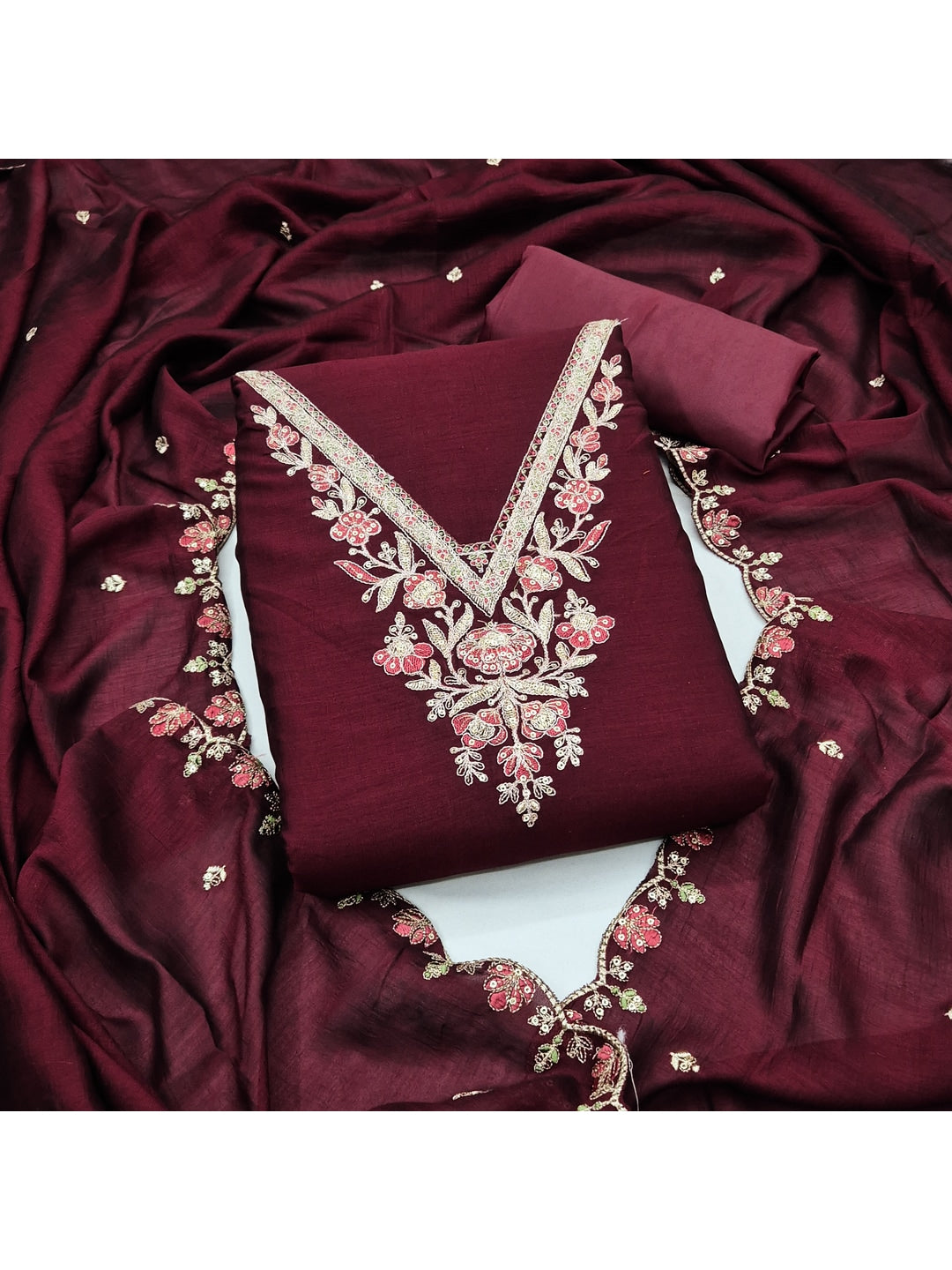 Peachmode Wine Vichitra Silk Dress Material with Floral Embroidery - Image 1