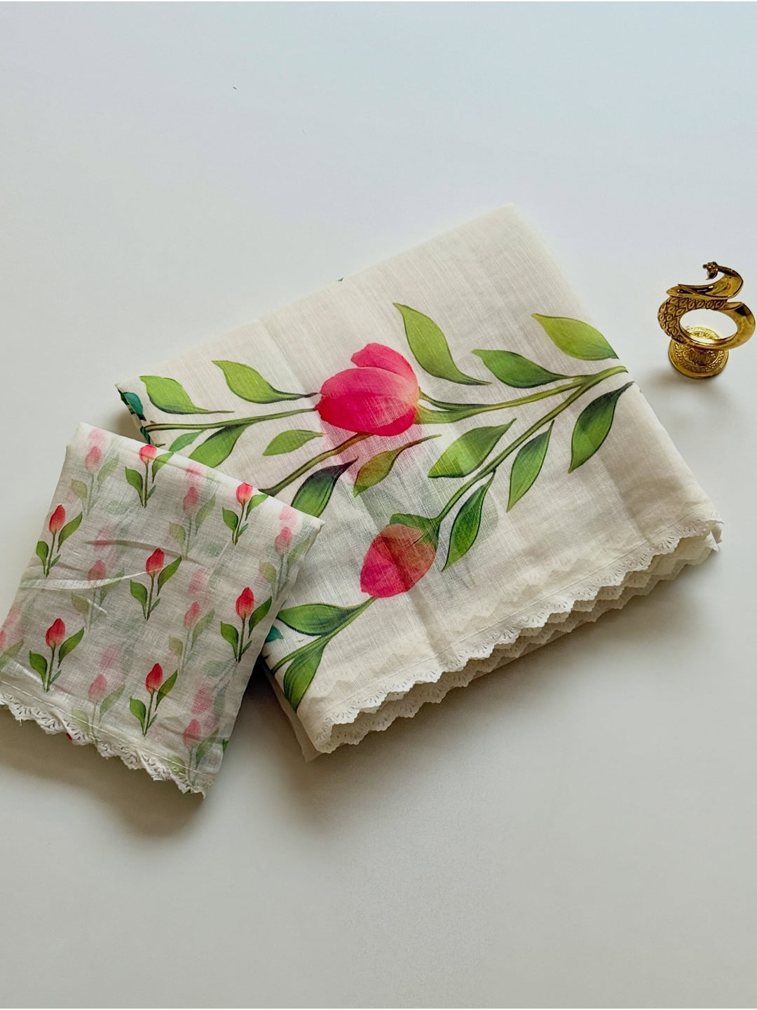 Peachmode White Linen Cotton Floral Printed Saree - Image 2