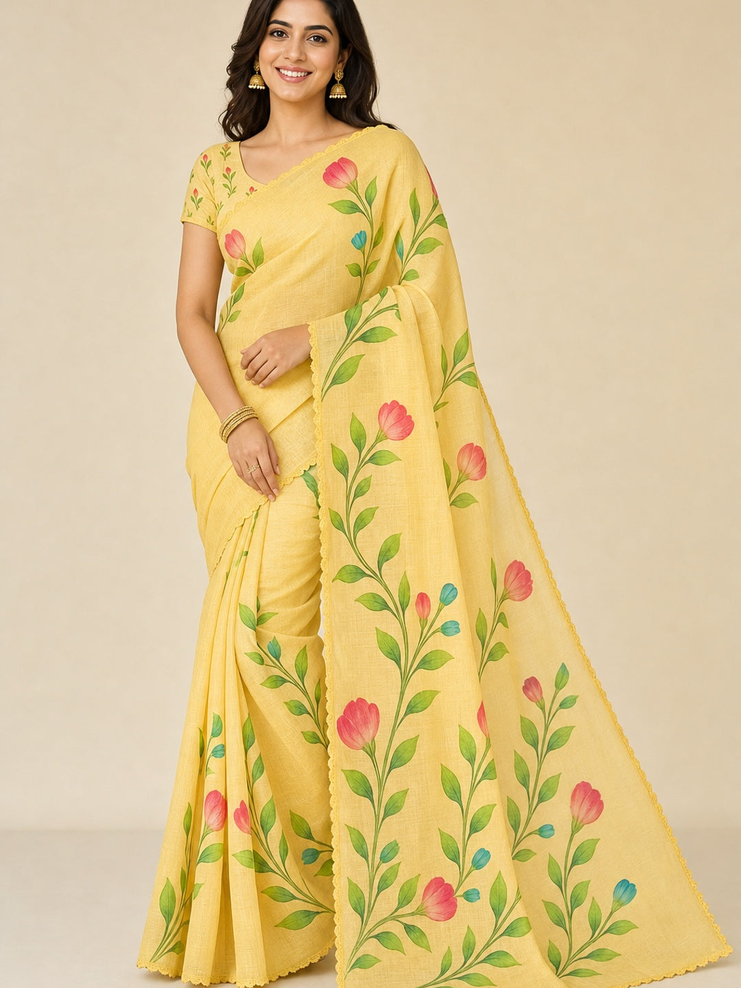Peachmode Yellow Linen Cotton Floral Printed Saree - Image 1