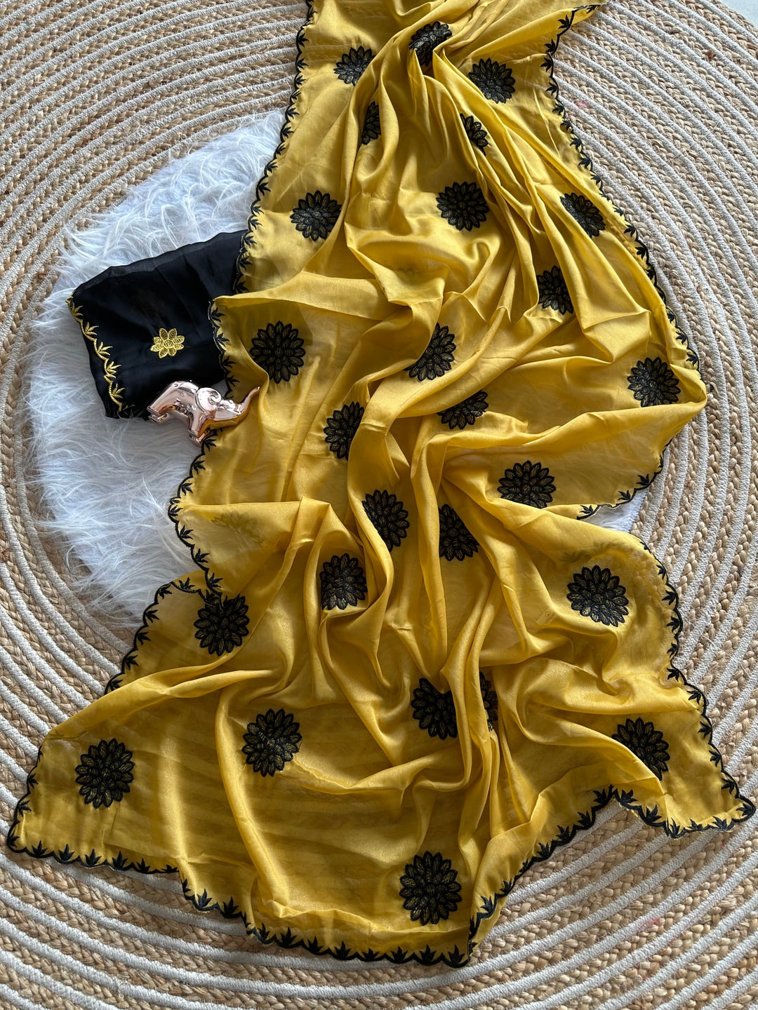 Peachmode Yellow Georgette Silk Embroidered Suryamukhi Saree - Image 3