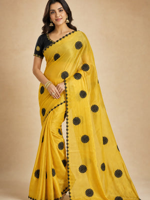 Peachmode Yellow Georgette Silk Embroidered Suryamukhi Saree - Image 1