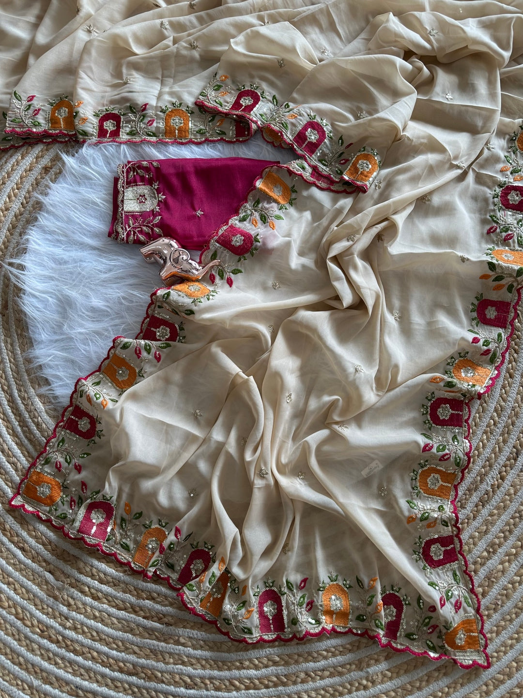 Peachmode Cream Georgette Embroidered Saffron2 Saree - Image 4