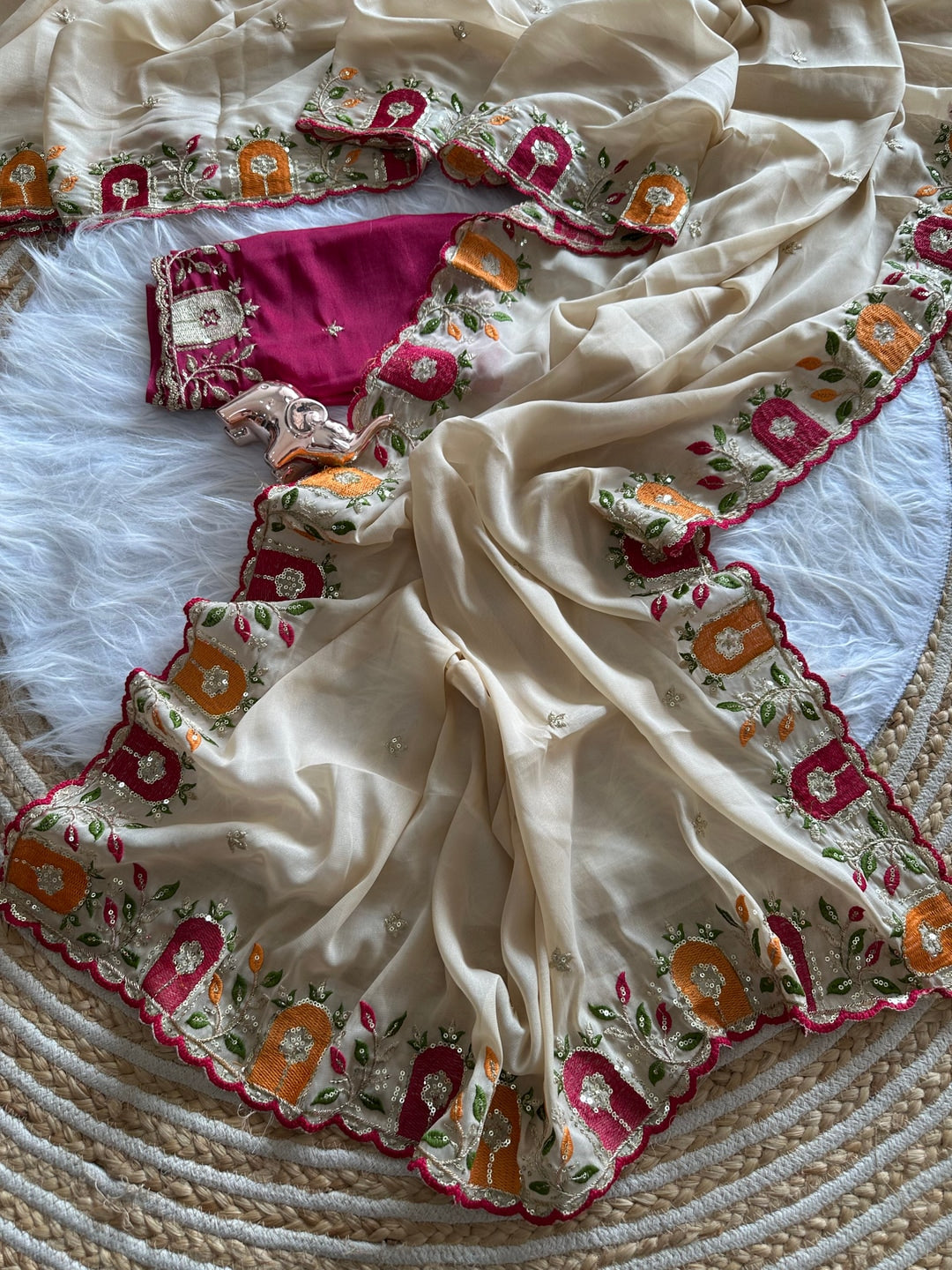 Peachmode Cream Georgette Embroidered Saffron2 Saree - Image 5