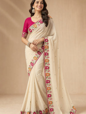 Peachmode Cream Georgette Embroidered Saffron2 Saree - Image 1