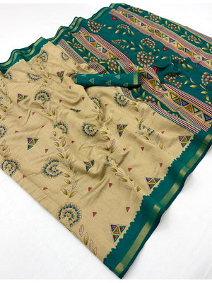 Peachmode Teal Cotton Blend Floral Printed Saree - Image 2