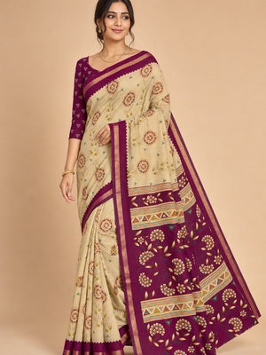 Peachmode Magenta Cotton Blend Floral Printed Saree - Image 1