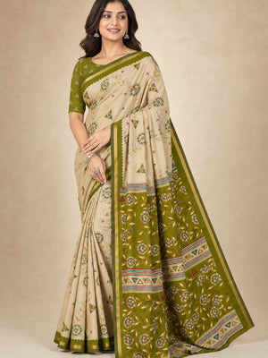 Peachmode Olive Cotton Blend Floral Printed Saree - Image 1