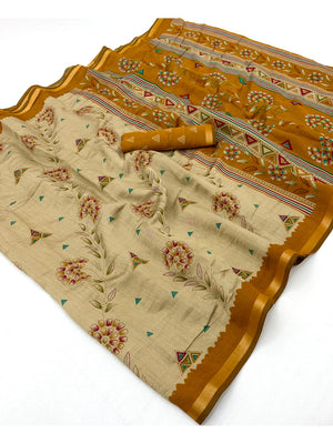 Peachmode Mustard Cotton Blend Floral Printed Saree - Image 2