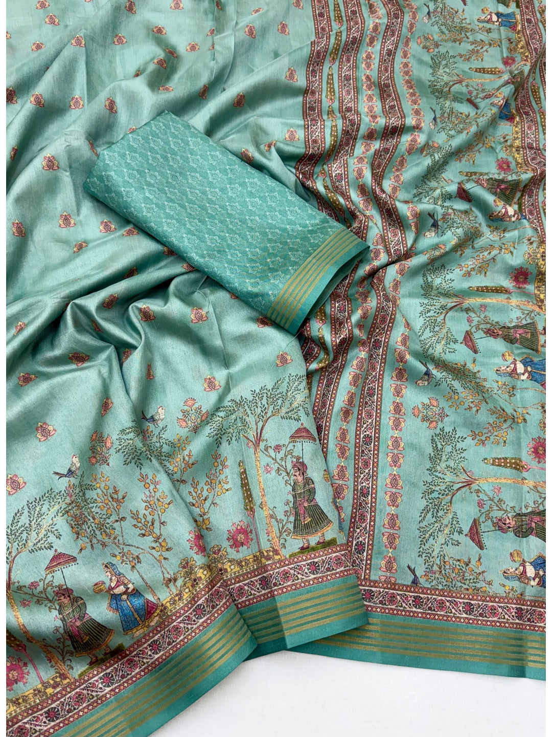 Peachmode Turquoise Cotton Silk Digital Printed Saree - Image 3