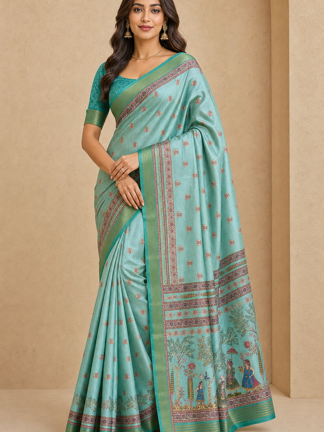 Peachmode Turquoise Cotton Silk Digital Printed Saree - Image 1
