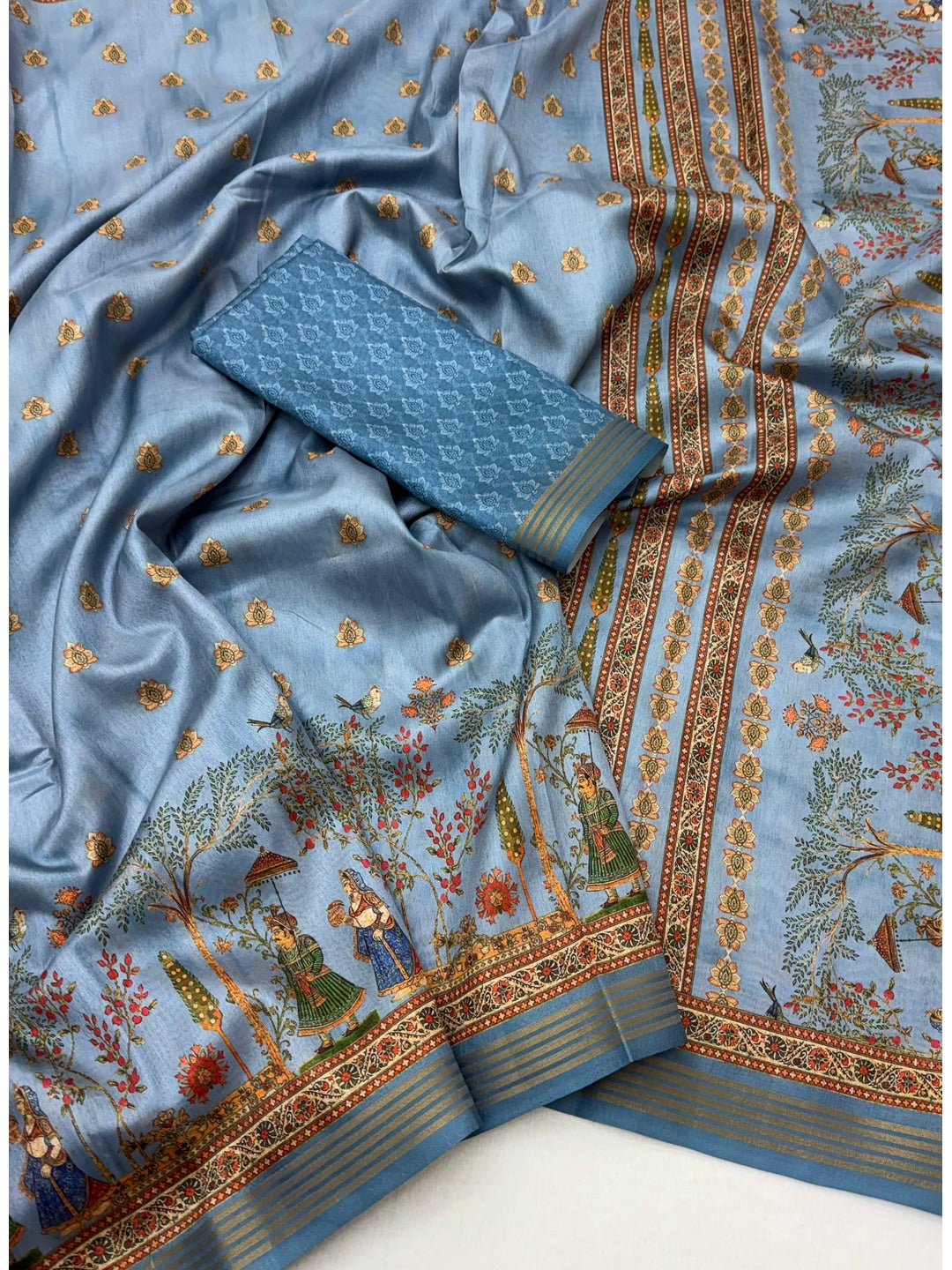 Peachmode Blue Cotton Silk Digital Printed Saree - Image 3